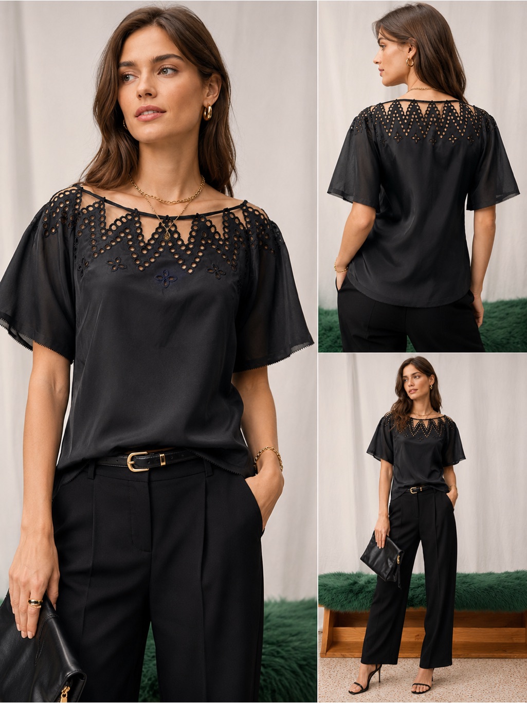 3.1 Phillip Lim Black Eyelet Yoke Flutter-Sleeve Blouse